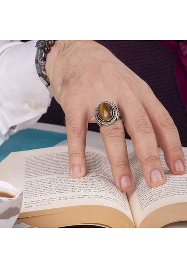 925 Ayar Gümüş Kaplan Gözü Taşlı Erkek Yüzük (547519355)