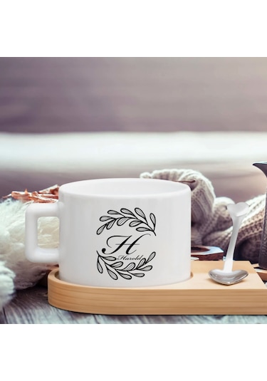 Bk Gift Kişiye Özel Baş Harf İsimli Ahşap Altlıklı Seramik Fincan-4 , Meslek Hediyesi, Yeni İş Hediyesi Kobitmeyen138073 Bk Gift