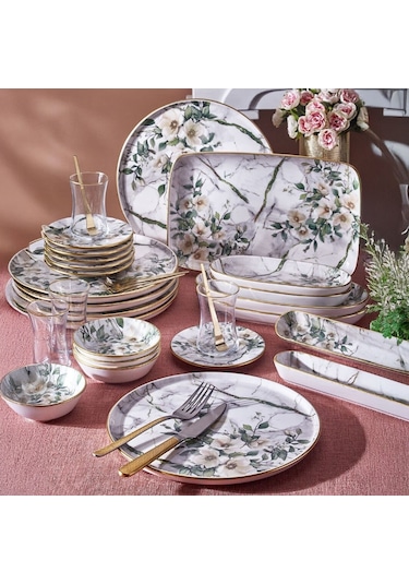 Fecra Monza 35 Parça Gold Fileli Kahvaltı Seti Beyaz