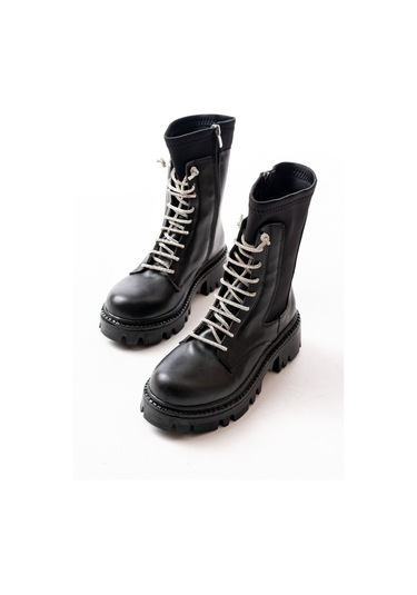 868-2006 Siyah Düz Topuklu Bağcıklı Fermuarlı Günlük Kadın Bot Beyaz