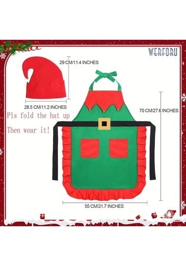 Kadın Noel Mutfak Önlüğü 2 Cepli Bayan Ayarlanabilir Aşçı Yeşil + Şapka, Tek Beden Diğer