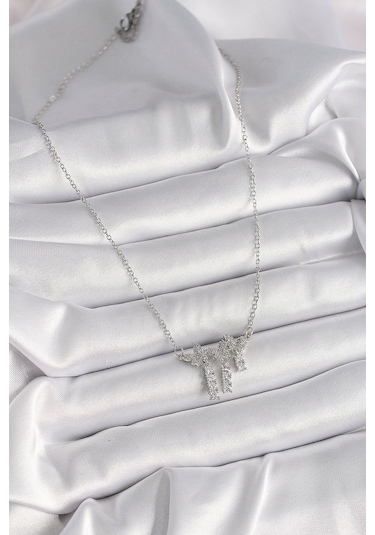 Gümüş Renk Zincir Zirkon Taşlı Kelebek Model Sallantı Detay Kadın Kolye - Ebj241228w30261 Bakır