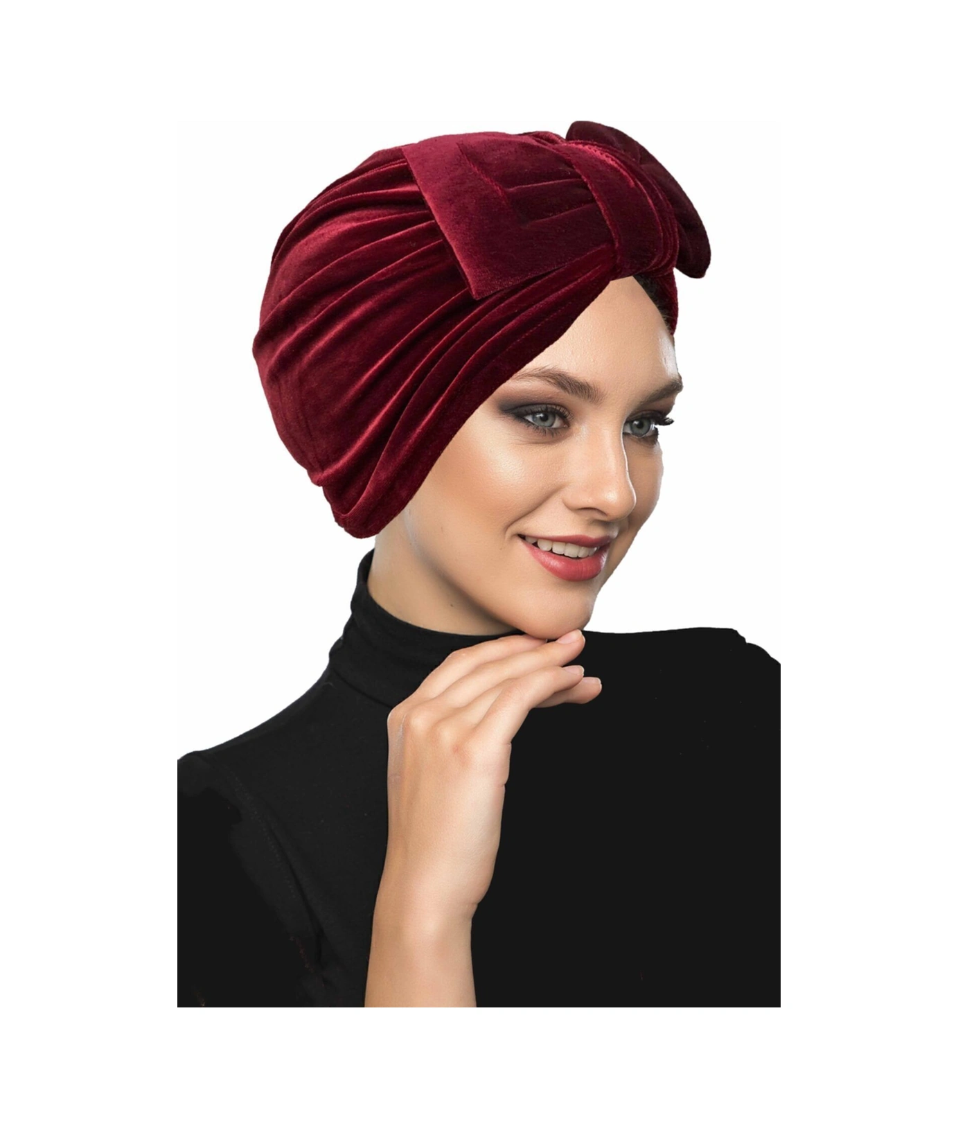 Kadife Fiyonklu Astarlı Bordo Hazır Türban Tesettür Bone Bordo