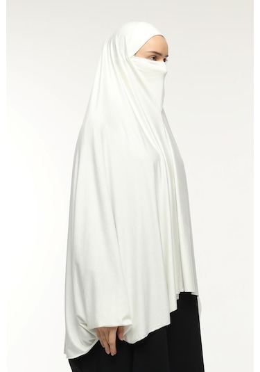 Kollu Sufle Çarşaf Üstü Peçeli Pratik Tesettür Hijab - Nikaplı Namaz Örtüsü Ekru