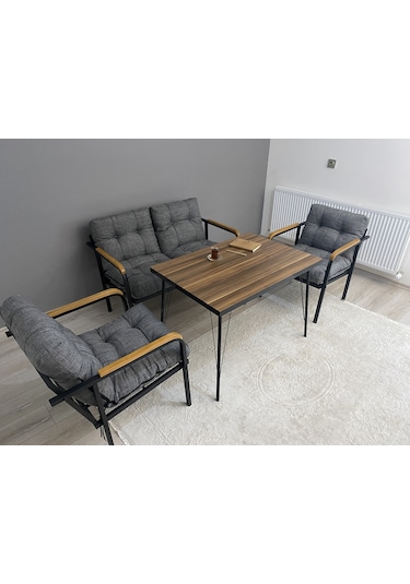 Modern Jüpiter Balkon, Bahçe, Cafe - Metal Kanepe Koltuk Takımı - 2+1+1 + Masa Antrasit Modernsh22 Antrasit