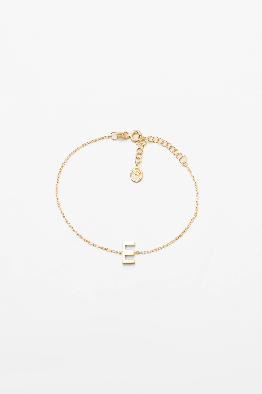 E Harfi 18 Ayar Sarı Altın Kaplama 18 Cm Gümüş Bileklik Sarı