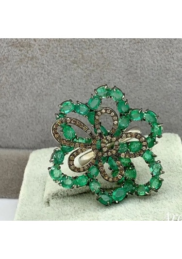 925 Ayar Gümüş Zümrüt Elmas Yüzük 280 Gümüş