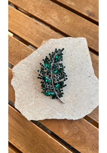 Yeşil Taşlı Yaprak Broş Çok Renkli