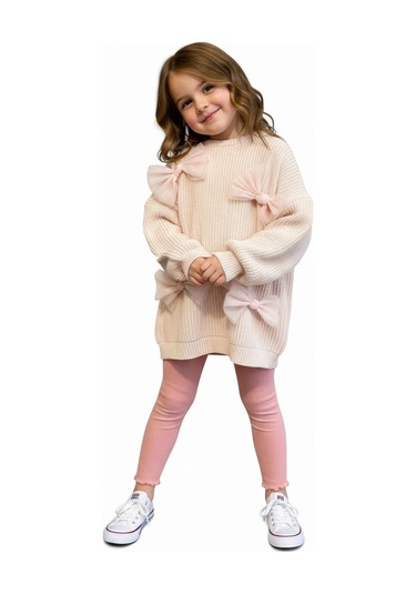 Fiyonklu Triko Kazak Kaşkorse Tayt Takım Pudra