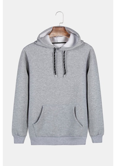 Unisex Gri Kapüşonlu Arkası Astronot Baskılı Slim Fit Kanguru Cepli Sweatshirt Gri