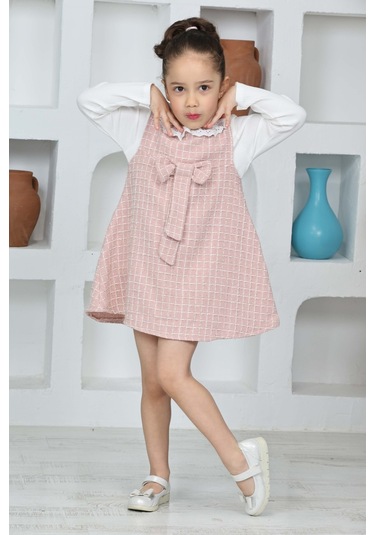 Kız Çocuk Şanel Kumaş 2'li Elbise Elbise+bady Bluz 12174 Gülkurusu