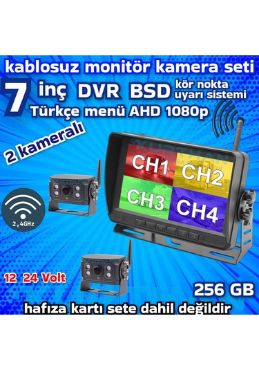 2 Adet Kablosuz Kamera Ahd 1080p 7 İnç Dvr Monitör Bsd Kör Nokta Sistemli 12 24 V