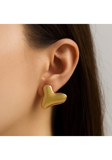 Altın Renk Kalp Küpe Vip Kararmaz Solmaz Çelik Küpe Altın