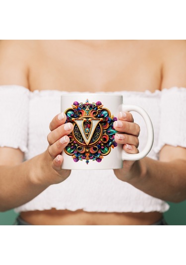 V Harfi Boho Bardak, Renkli Özel Tasarım Hediyelik Harfli Kupa, 330ml Porselen Beyaz