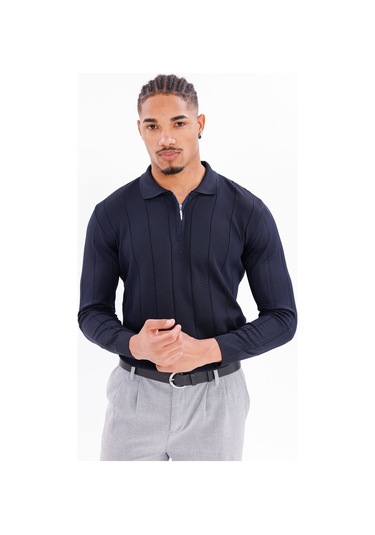 Monox Erkek Yarım Fermuarlı Polo Yaka Triko Kazak Lacivert