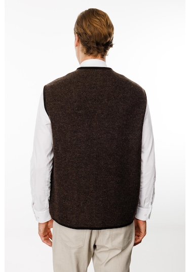 Erkek V Yaka Astarlı Saf Yün Keçe Yelek Kahve Kahve