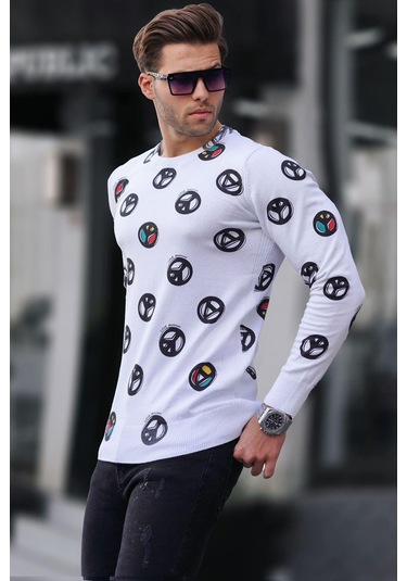 Madmext Beyaz Bisiklet Yaka Baskılı Sweatshirt 1707-beyaz Beyaz