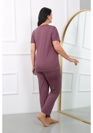 Akbeniz Kadın Büyük Beden Kısa Kol Penye Pijama Takımı Mürdüm 202405-mürdüm Mürdüm