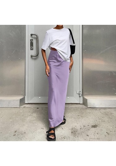 Saten Siyah Trompet Etek Ince Yüksek Bel Etekler Moda Kadın 2023 Yaz Katı Ofis Bayan Uzun Etek Kadın Zarif 27694 Açık Pembe