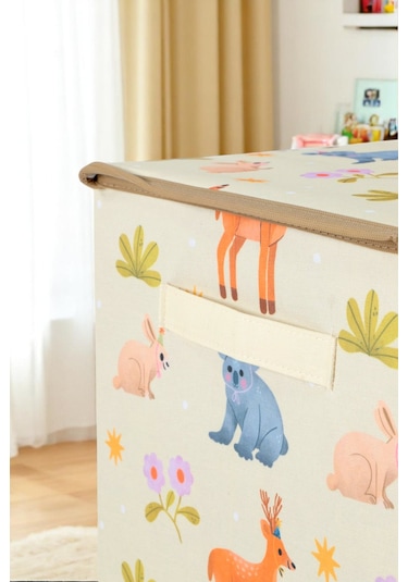 İronika Animals Büyük Kapaklı Kutu Dolap İçi Organizer Oyuncak Eşya Çamaşır Saklama Kutusu Düzenleyici Açık Sarı