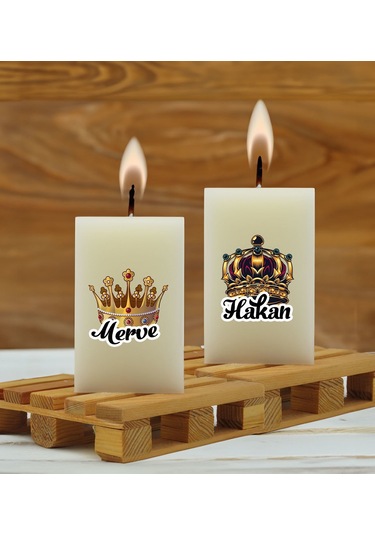 Bk Gift Kişiye Özel Kral-kraliçe Tacı Tasarımlı 2 Li Dtf Dikdörtgen Blok Mum Seti-1, Sevgiliye Hediye, Doğum Günü Hediyesi, Ev Hediyesi