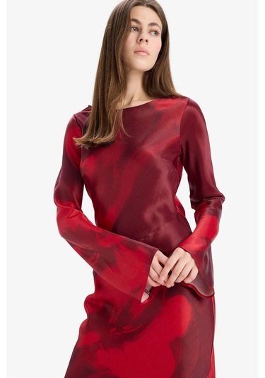 DeFacto Bisiklet Yaka Batik Saten Uzun Kollu Maxi Abiye Elbise E7451AX25SPRD211