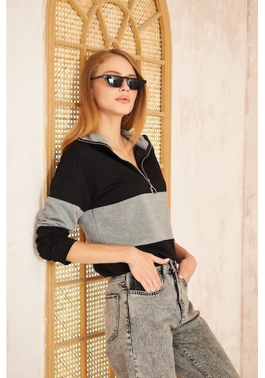 Kadın Uzun Kol Fermuarlı Polo Yaka Color Block Basic Salaş Sweatshirt Bluz 3471210 Siyah - Gri