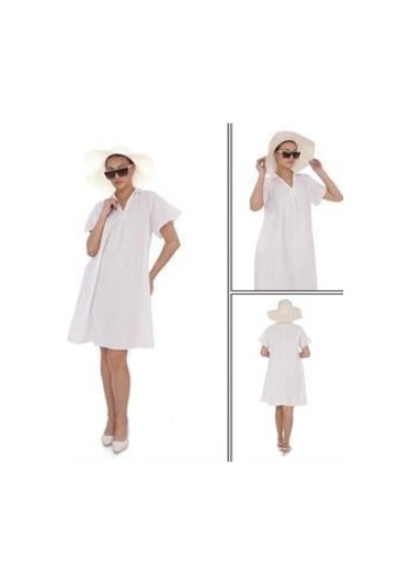 Yarım Kol V Yaka Keten Elbise-9164 Beyaz