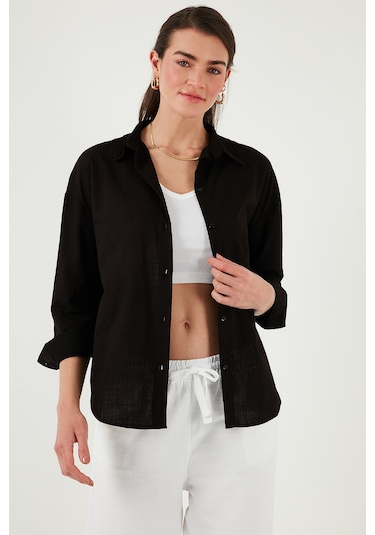 Lela Pamuklu Regular Fit Uzun Kollu Düz Bayan Gömlek Cf25S168305 Siyah