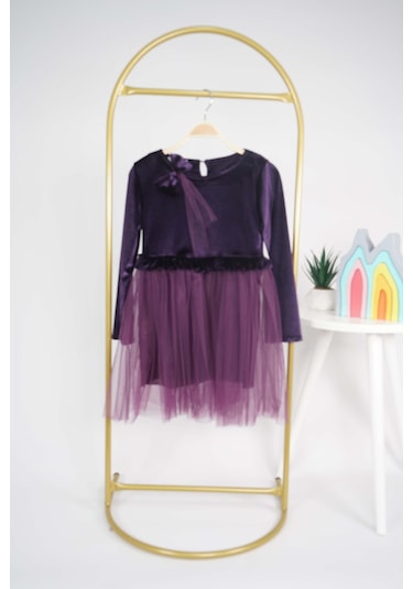 Kız Çocuk Yılbaşı Temalı Eteği Tül Astarlı Tokalı Kadife Uzun Kol Elbise Mor