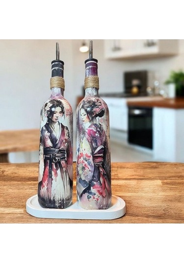 El Yapımı Japon Kadın Desenli Renkli 750 Ml Zeytinyağı Sıvıyağ Şi