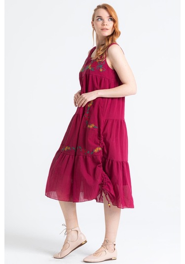 Kolsuz Vual Ahsen Nakışlı Midi Boy Elbise Bordo Brd-bordo
