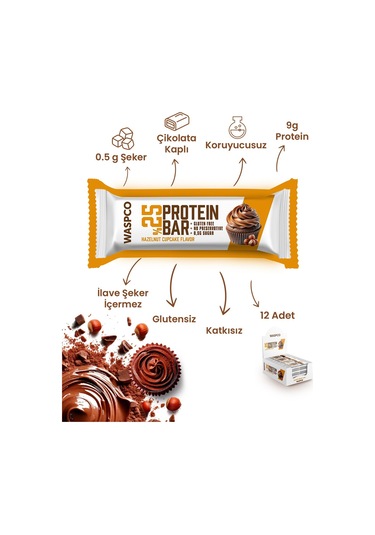 Waspco Bitter Çikolata Kaplı Fındıklı Cupcake Aromalı Protein Bar 36G x 1 Adet