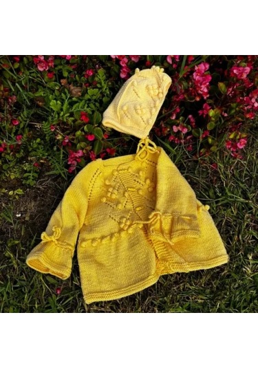 Uretti - Talia 8659 - 1599 El Örgüsü Kız Çocuk Sarı Hırka Ve Şapka Takım - 2 Yaş Sarı