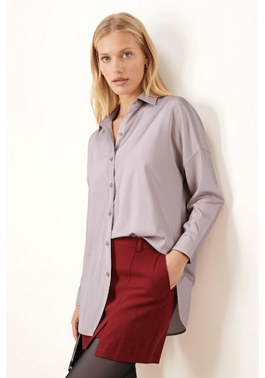 Armonika Kadın Bej Oversize Uzun Basic Gömlek Arm-22y001118