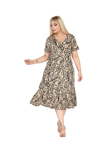 Melsay Butik Göğüsten Robalı V Yaka Kısa Kollu Bej Yaprak Desen Cepli Elbise Krem