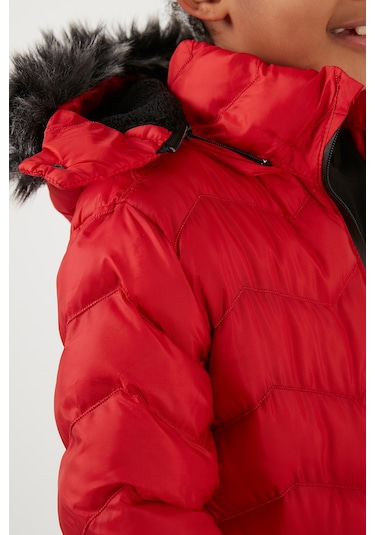 Lela  Peluş Astarlı Yakası Suni Kürklü Çıkarılabilir Kapüşonlu Kışlık Kız Çocuk Mont 5766041 Kırmızı