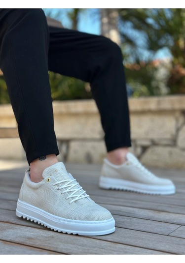 Pabucmarketi Bağcıklı Keten Erkek Ayakkabı Krem Beyaz Taban Çok Renkli