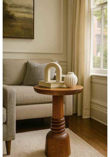 Masif Ahşap Meşe Renktekli Yan Sehpa Mantar Form Sehpa Meşe