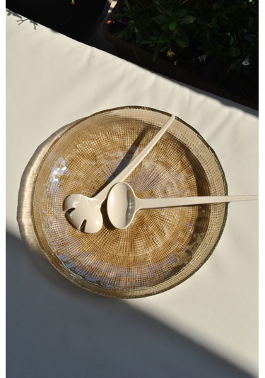 El Yapımı Füme Cam Kaşıklı Salata Kasesi Sunum Tabağı Meyve Kase