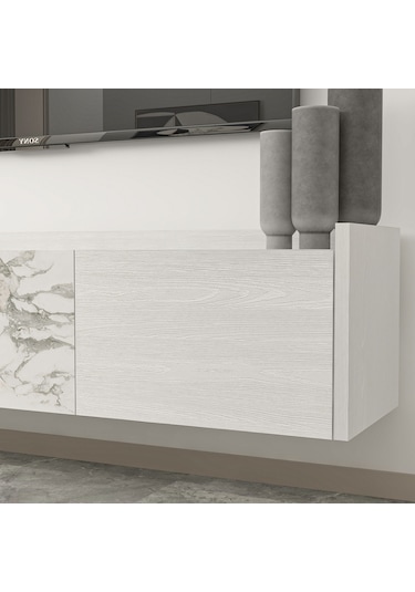 T007 Duvara Monte, Raflı Tv Ünitesi, Tv Sehpası - Ahşap Beyaz/mermer Ahşap Beyaz/mermer