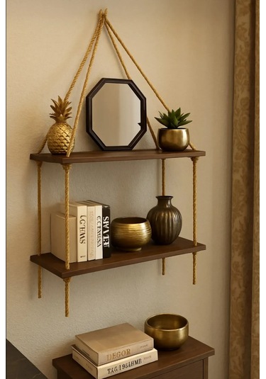 2 Katlı Dekoratif Ahşap Halatlı Duvar Rafı Kitaplık & Çiçeklik Uçan Raf 35cmx13cmx60cm Kahverengi