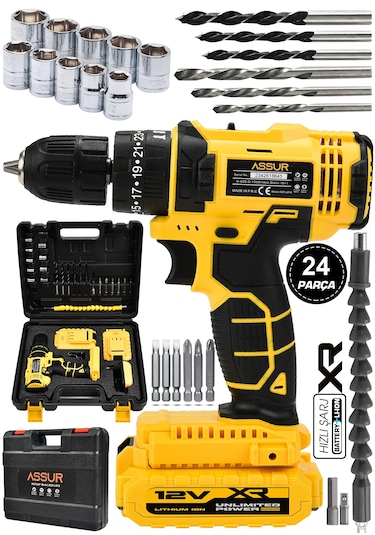 Assur ASR026 12V Çift Akülü Vidalama Darbeli Şarjlı Matkap Sarı