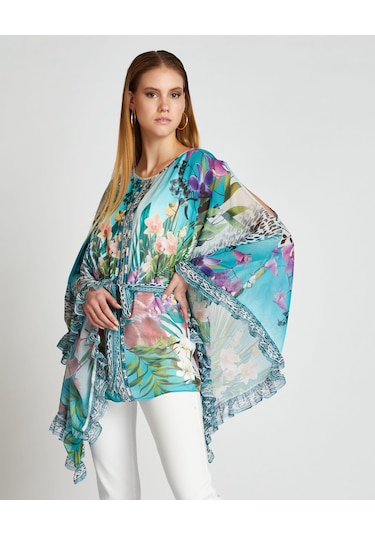 Kadın Desenli Kemerli Şifon Pareo Geniş Kollu Ve Akışkan Hafif Tasarım
