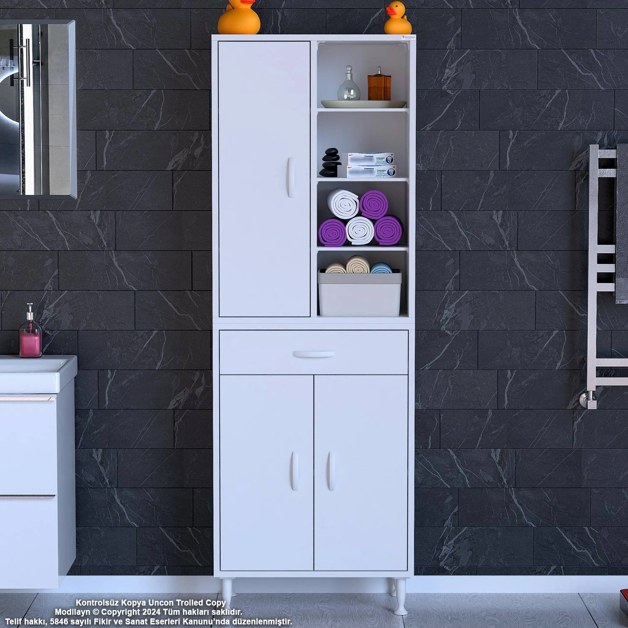 Kayra Banyo Ve Mutfak Dolabı Çok Amaçlı Dolap Tek Çekmece 3 Kapak 7 Raf 10 Bölme 65x173x32,5 Cm Beyaz