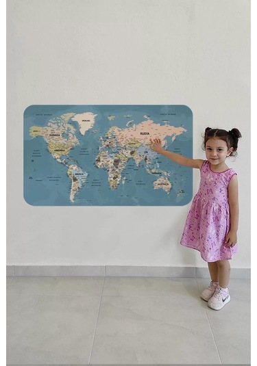 Türkçe Eğitici Ülke Ve Başkent Okyanus Detaylı Atlası Dünya Haritası Duvar Sticker -60x105-3836 Renkli