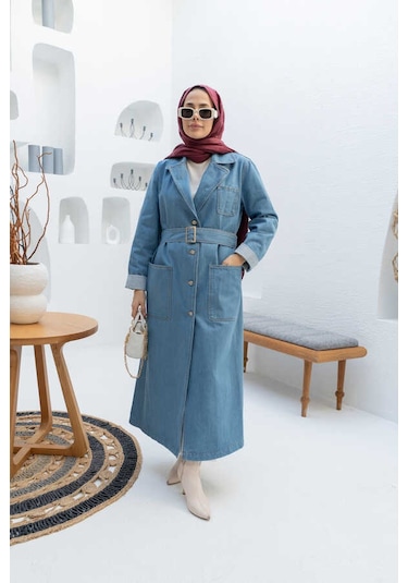 Neways 6655-kuşaklı Denim Ceket Mavi Mavi