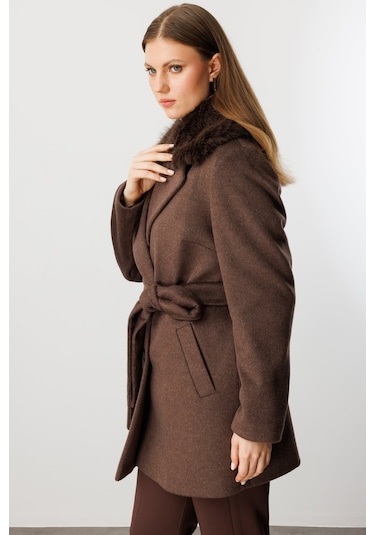 Ekol Kadın Büyük Beden Yakası Kürklü Kaban 6333 Kahverengi Kahverengi