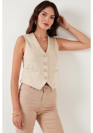 Lela Fitted Scuba Süet V Yaka Düğmeli Bayan Yelek 5865576 Taş