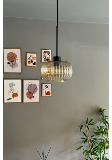 Mola Cam Bal Rengi Tekli Avize Ince Siyah Başlık Retro Sarkıt Lamba Restoran Salon Aydınlatma Bal